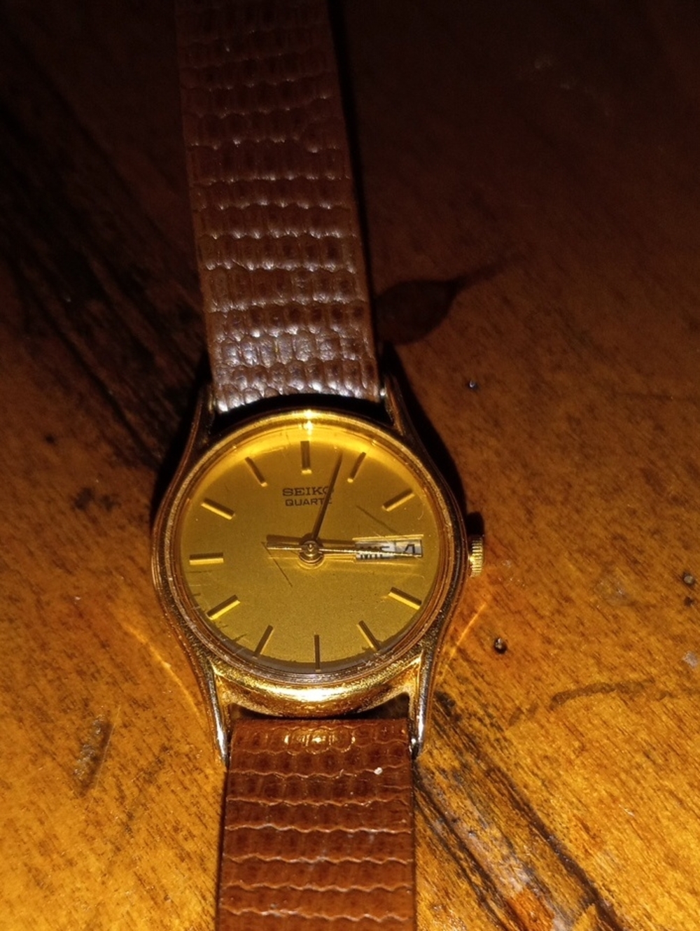 Ladies Seiko Gold Tone Dial Watch with Brown Leather Strap 36 Years Old